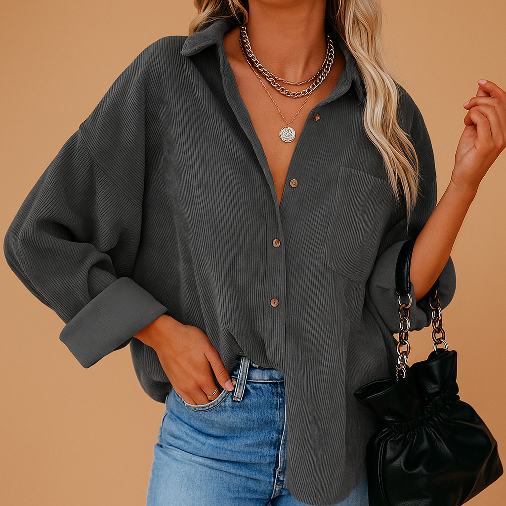 Corduroy knit jacket for women with rib-knit details, relaxed fit, and earth-tone colors, ideal for everyday wear across all seasons.