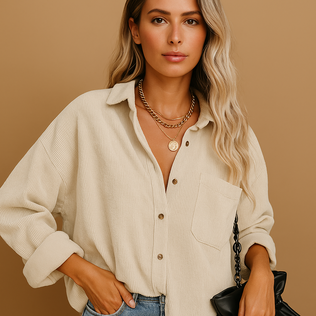 Corduroy knit jacket for women with rib-knit details, relaxed fit, and earth-tone colors, ideal for everyday wear across all seasons.