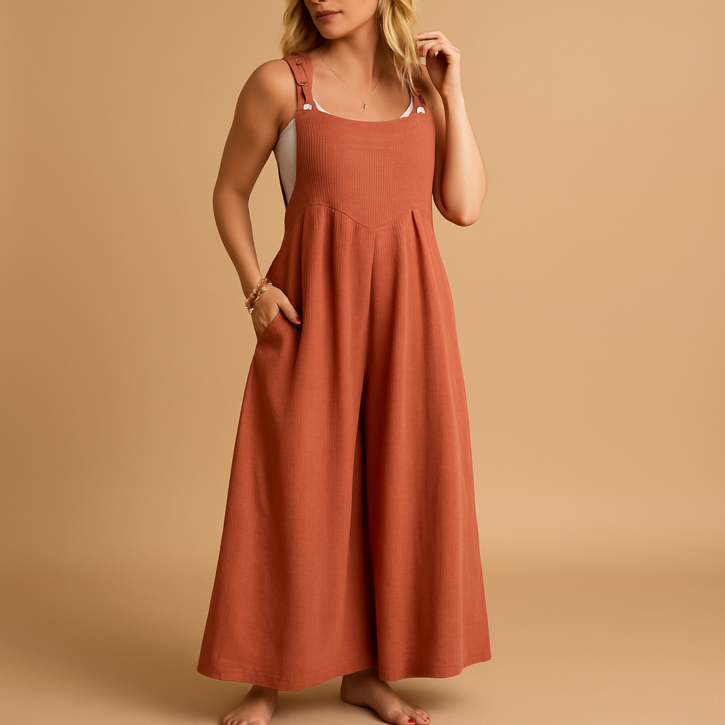 Woman wearing a loose-fit cotton overall with adjustable straps, designed for breathable comfort and casual summer outings.