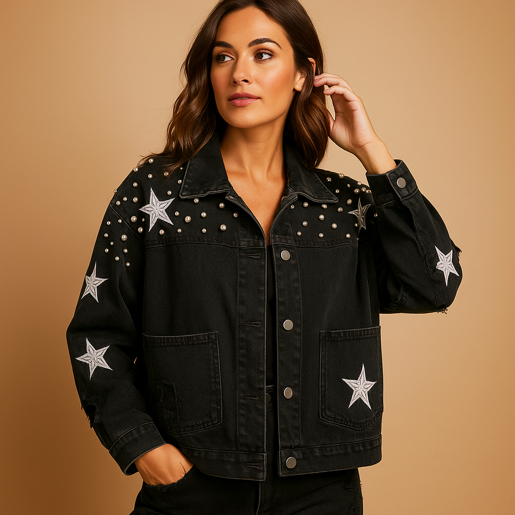 Women’s cropped denim jacket with relaxed fit, button closure, and front pockets, ideal for layering and everyday wear.