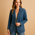 Women’s denim blazer with a tailored fit and classic lapel collar in denim blue, ideal for work, casual wear, and stylish gatherings.