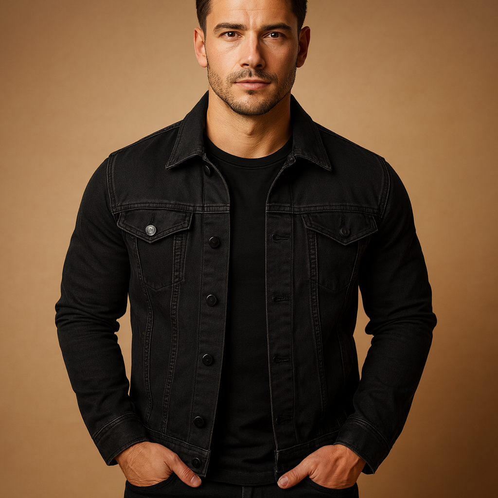 Men’s denim jacket with regular fit, front button closure, and chest and side pockets, ideal for spring and summer casual outfits.