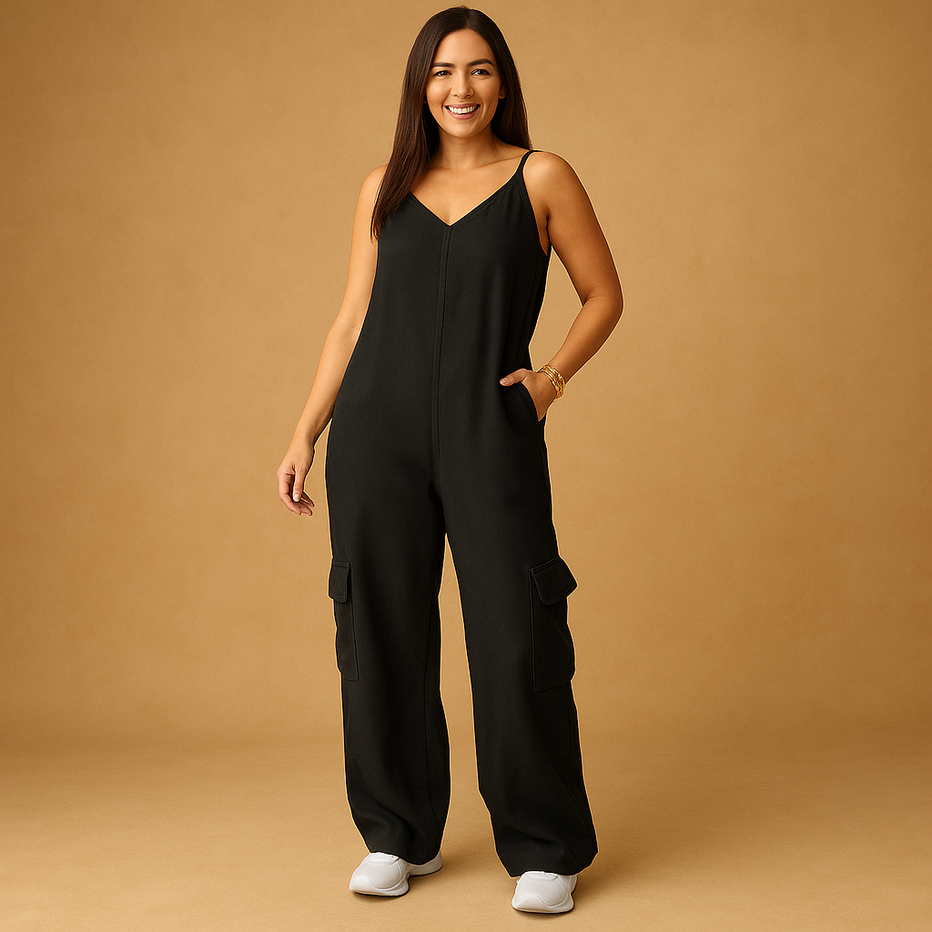 Woman wearing a high-waisted denim V-neck jumpsuit with an open back and crossed straps, ideal for festivals, summer days, and casual outings.