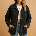 Denim winter coat for women with button closure, slim fit, and warm finish in classic denim blue.