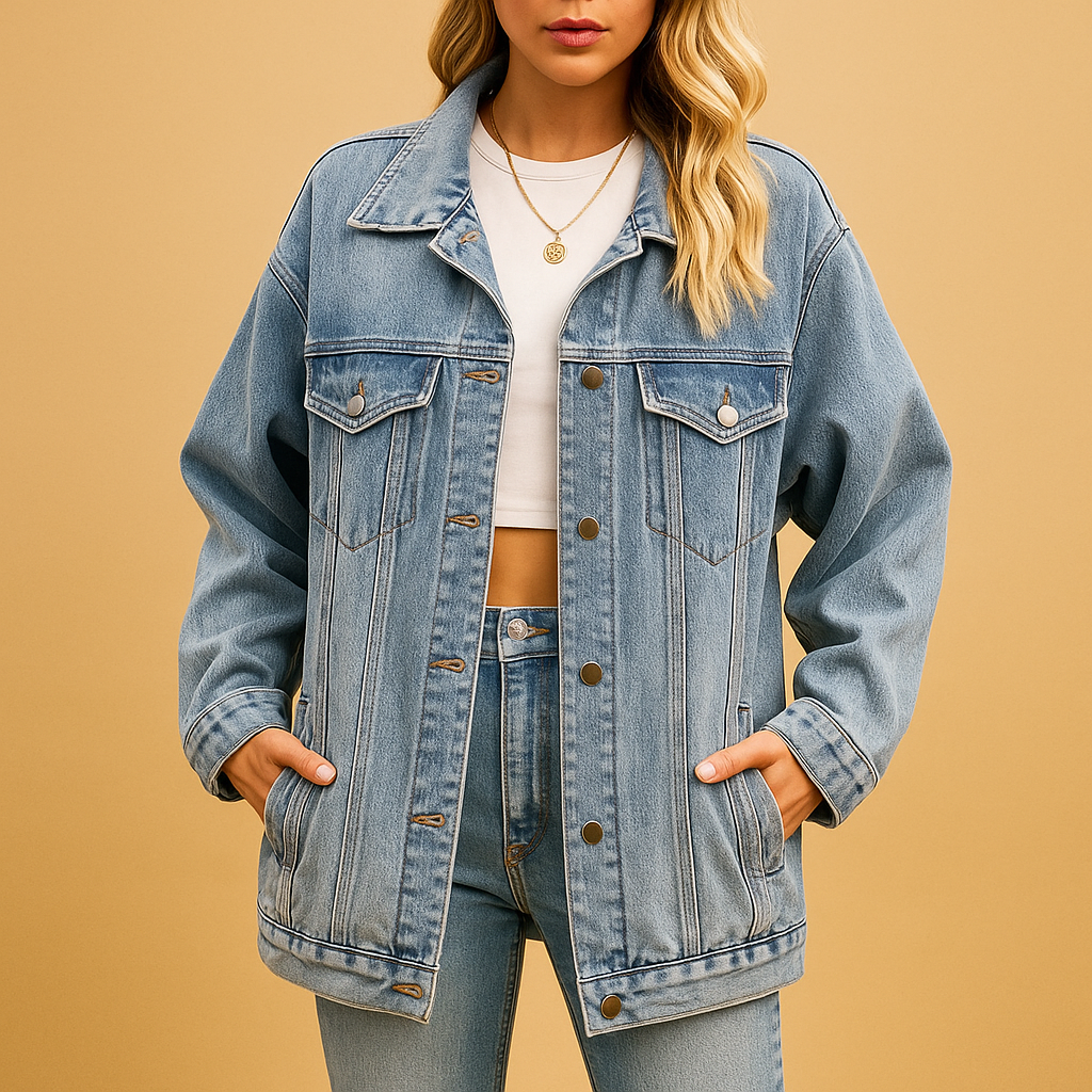 Denim winter coat for women with button closure, slim fit, and warm finish in classic denim blue.