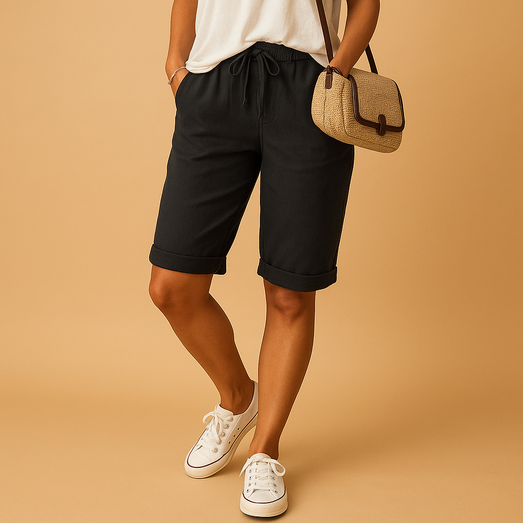 Elastic waist capri trousers for women with relaxed fit and rolled hem, perfect for casual summer outfits, daily wear, and comfortable warm-weather style.