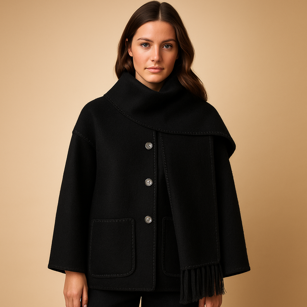 Women’s elegant belted winter coat with warm lining and removable scarf, ideal for winter days, city outings, and formal occasions.