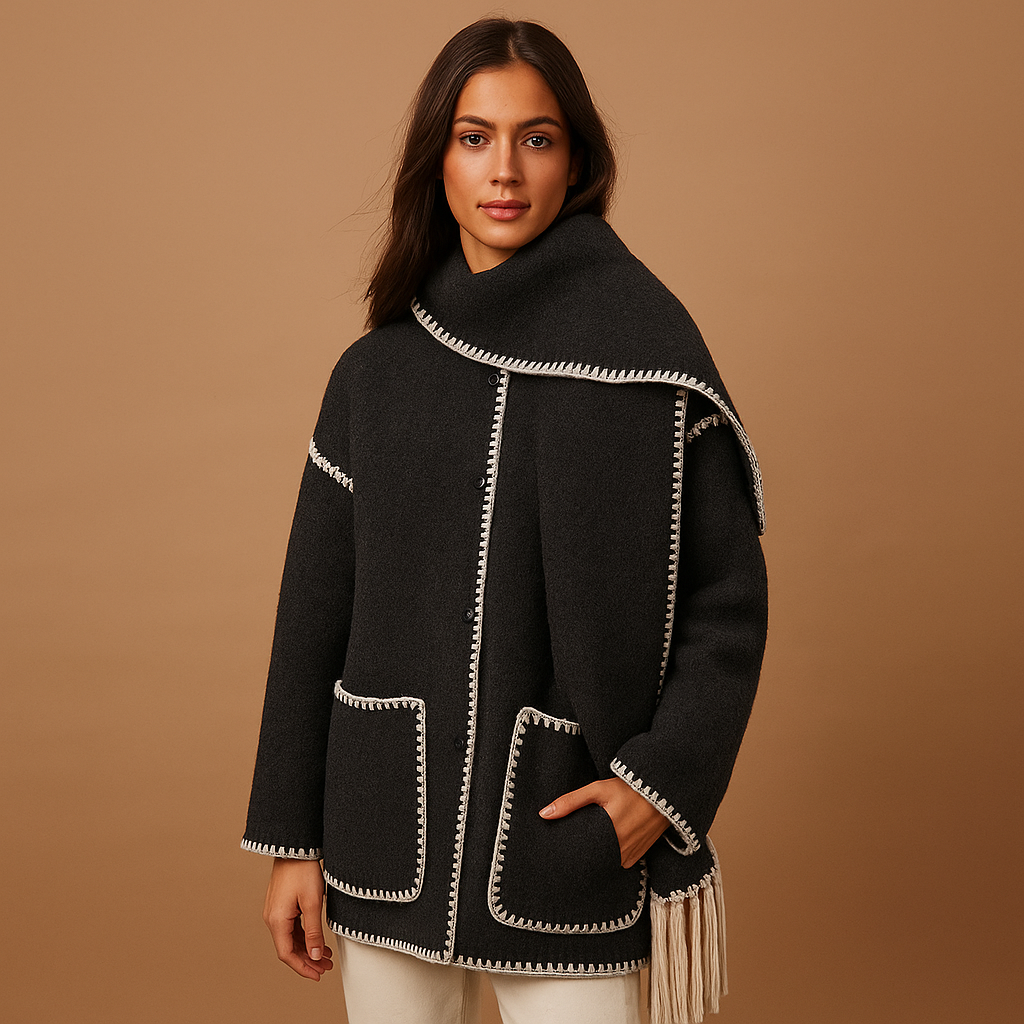 Women’s elegant belted winter coat with warm lining and removable scarf, ideal for winter days, city outings, and formal occasions.