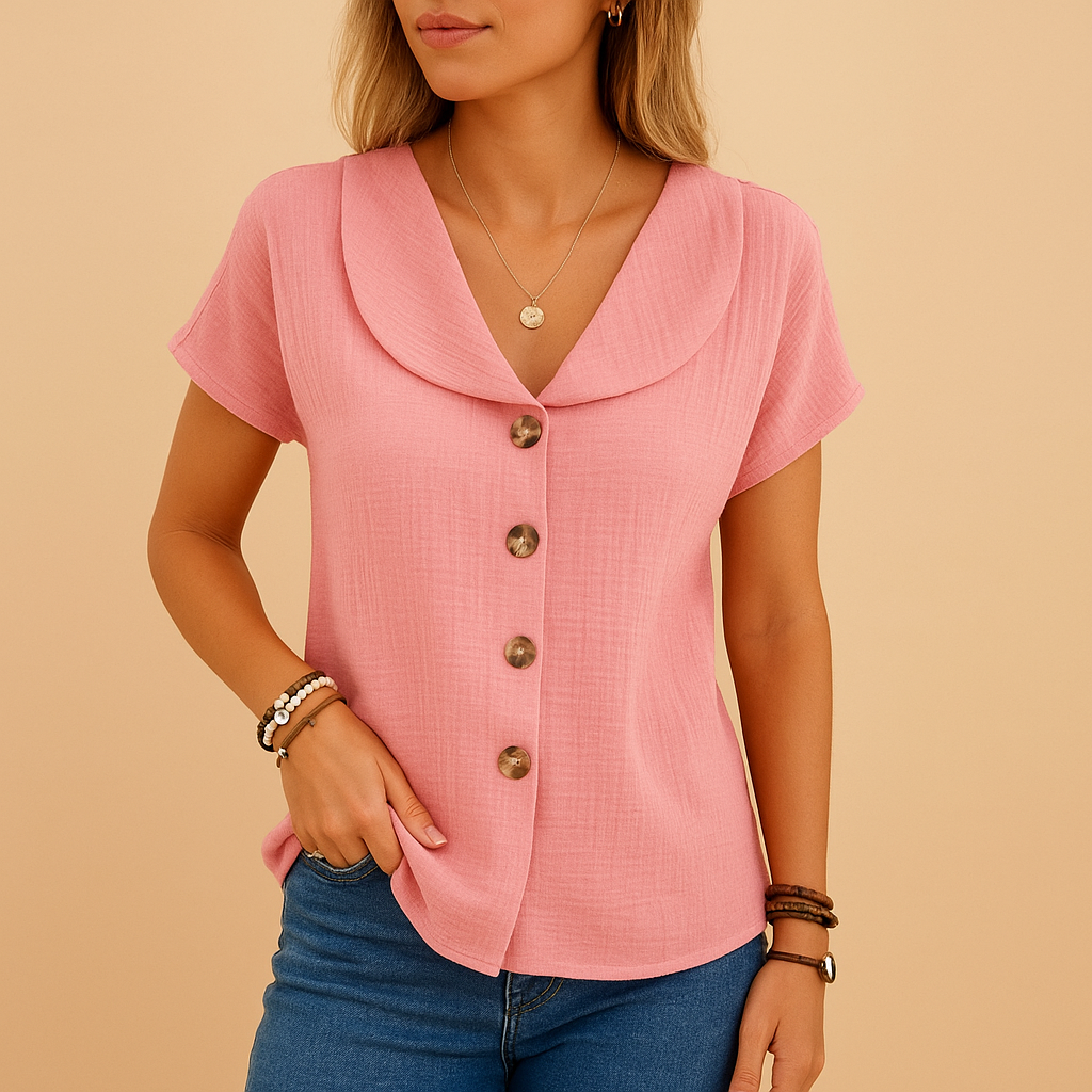 Women’s elegant collared button-up blouse with a breathable fit, available in white, blue and pink, ideal for casual and semi-formal outfits.