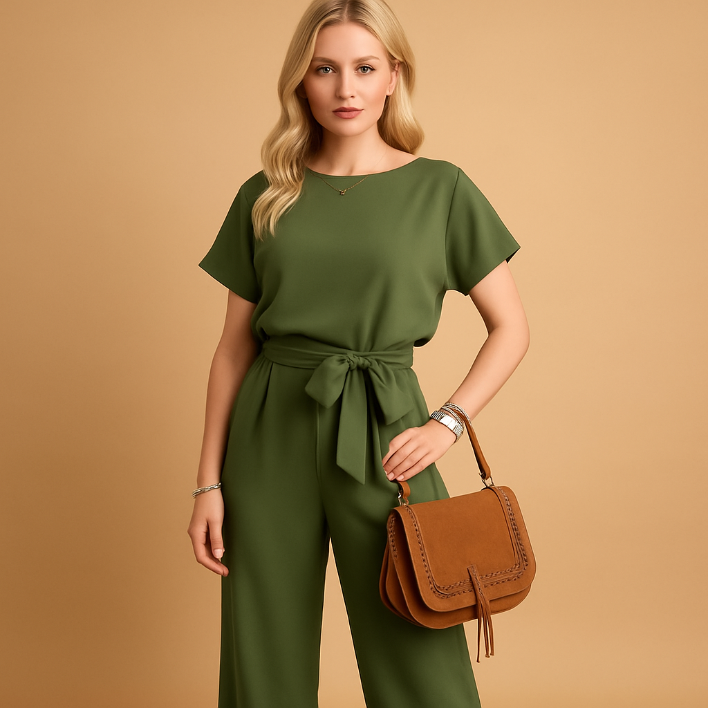 Woman wearing an elegant formal jumpsuit with a tailored fit and flowing sleeves, suitable for galas, weddings, and stylish evening occasions.