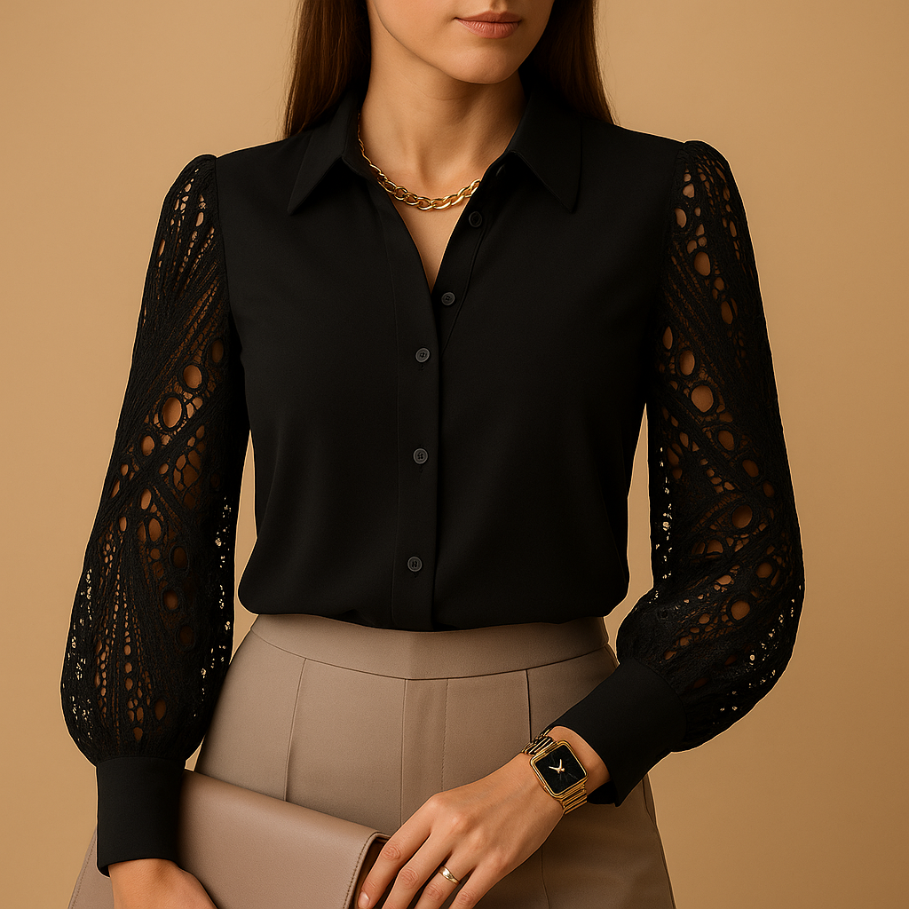 Women’s blouse with lace sleeves and a classic collar, suitable for work and formal outfits.