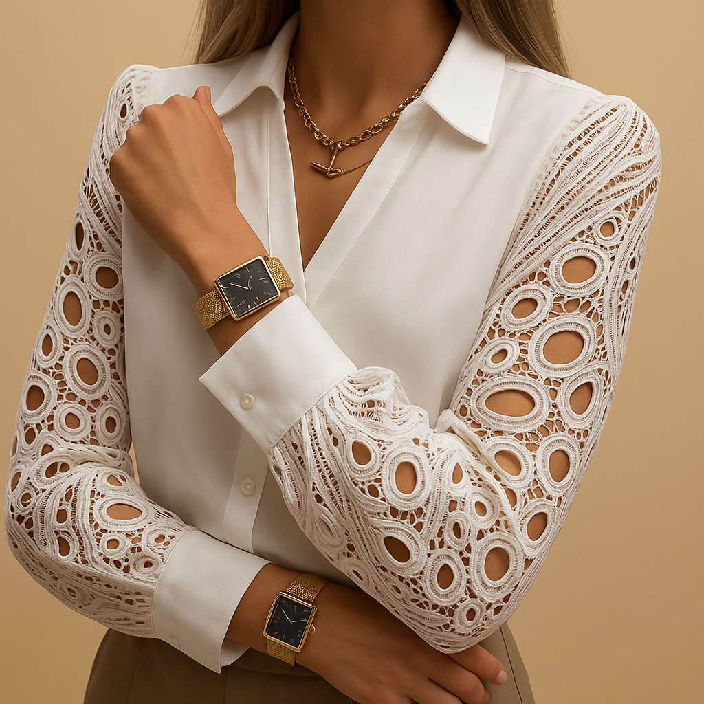Women’s blouse with lace sleeves and a classic collar, suitable for work and formal outfits.