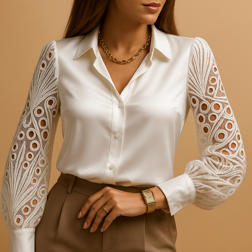Women’s blouse with lace sleeves and a classic collar, suitable for work and formal outfits.