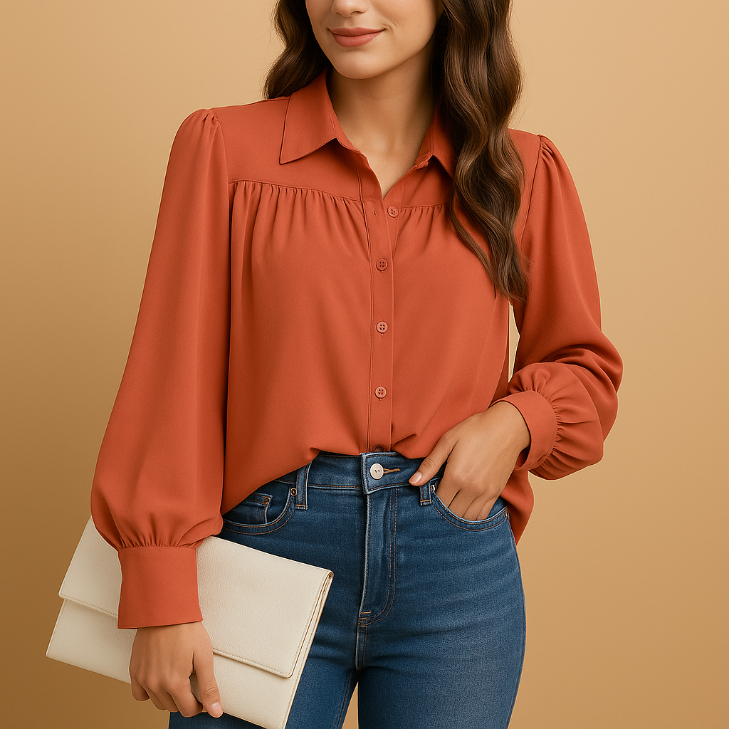 Women’s elegant lantern-sleeve blouse with a shirt collar, buttons, and gathered sleeves, ideal for work and everyday wear.