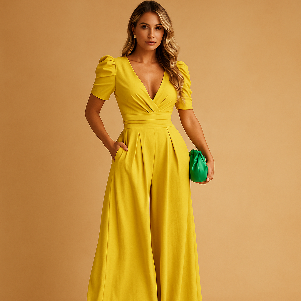 Woman wearing an elegant long jumpsuit with a tailored silhouette and flowing design, suitable for formal events, dinners, and upscale occasions.
