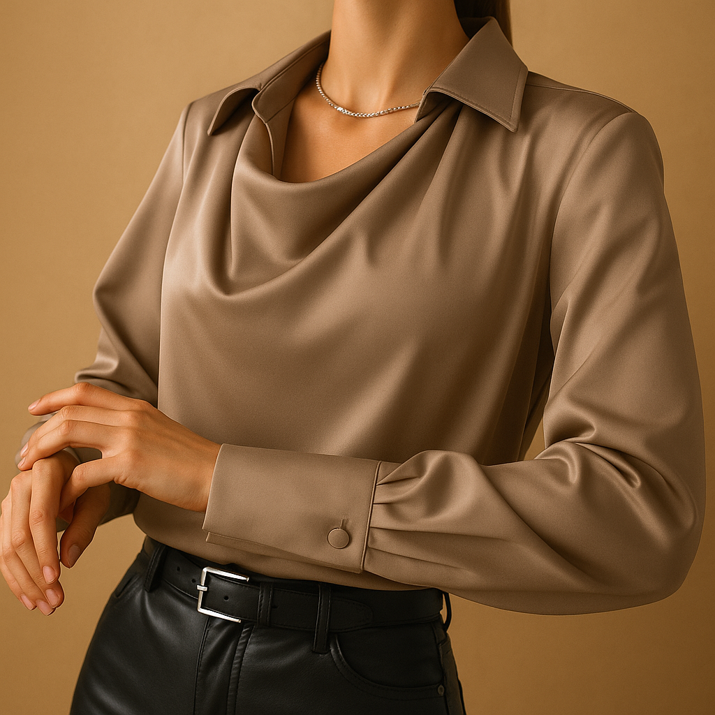 Women’s elegant long-sleeve blouse with a tailored fit and lightweight fabric, ideal for professional and casual outfits.