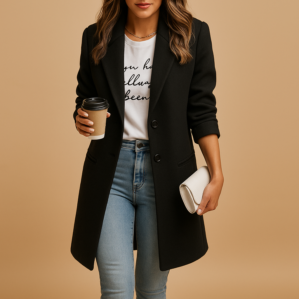 Woman wearing an elegant mid-length coat with refined detailing and a feminine tailored fit, suitable for work, parties, and daily outfits.