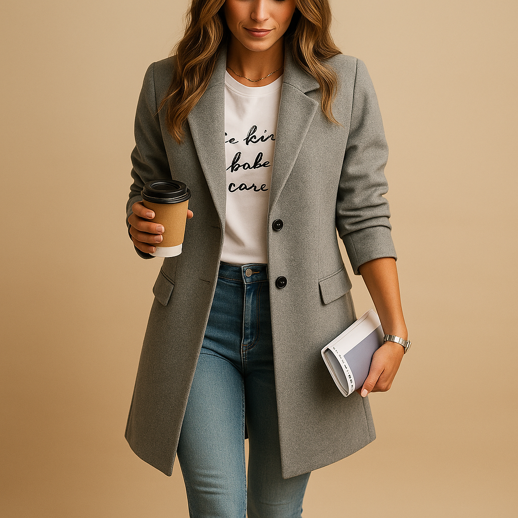 Woman wearing an elegant mid-length coat with refined detailing and a feminine tailored fit, suitable for work, parties, and daily outfits.