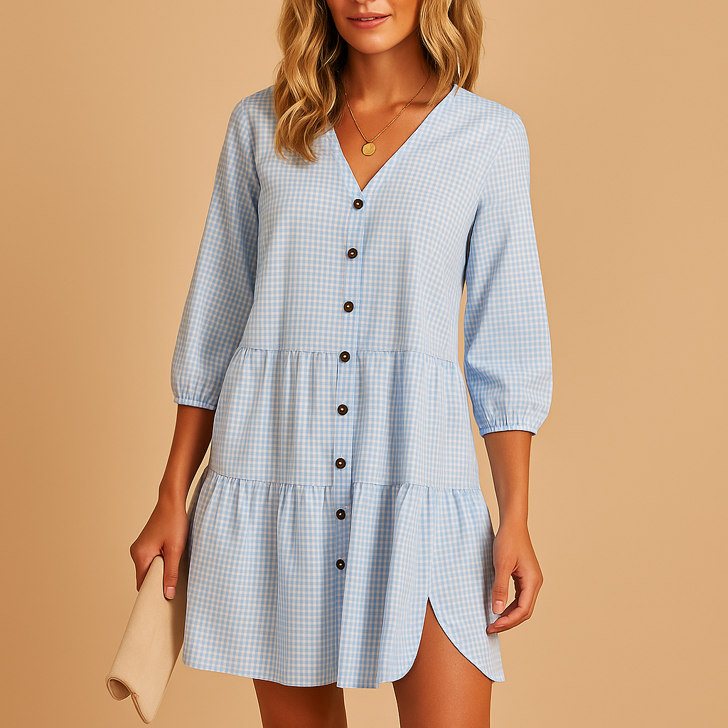 Women’s elegant midi summer dress with three-quarter sleeves and flattering fit, ideal for office outfits, dinners, and stylish summer occasions.