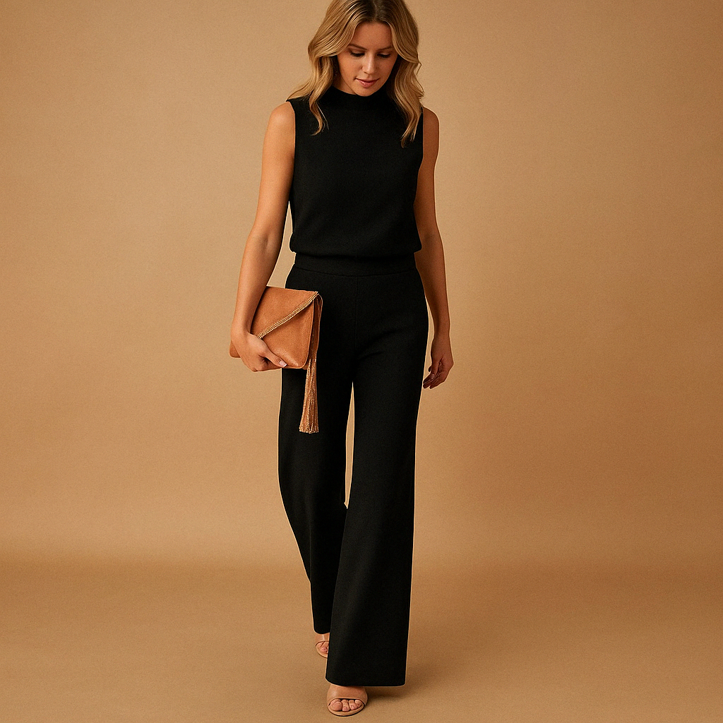 Woman wearing an elegant round-neck jumpsuit with a mid-waist fit and wide-leg design, suitable for work, evenings out, and special occasions.