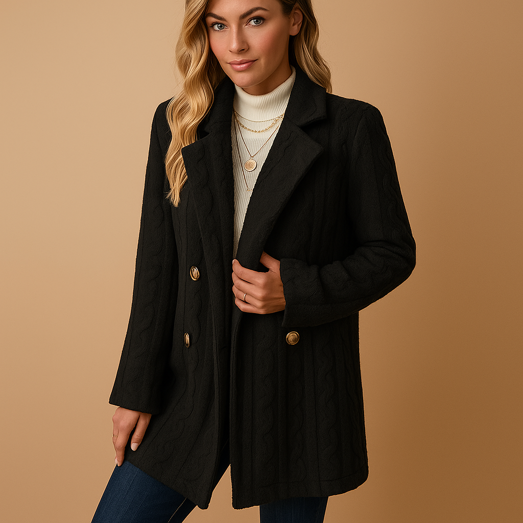Elegant tailored winter coat for women with structured silhouette, available in apricot, black, red, and white, perfect for winter days and evenings out.