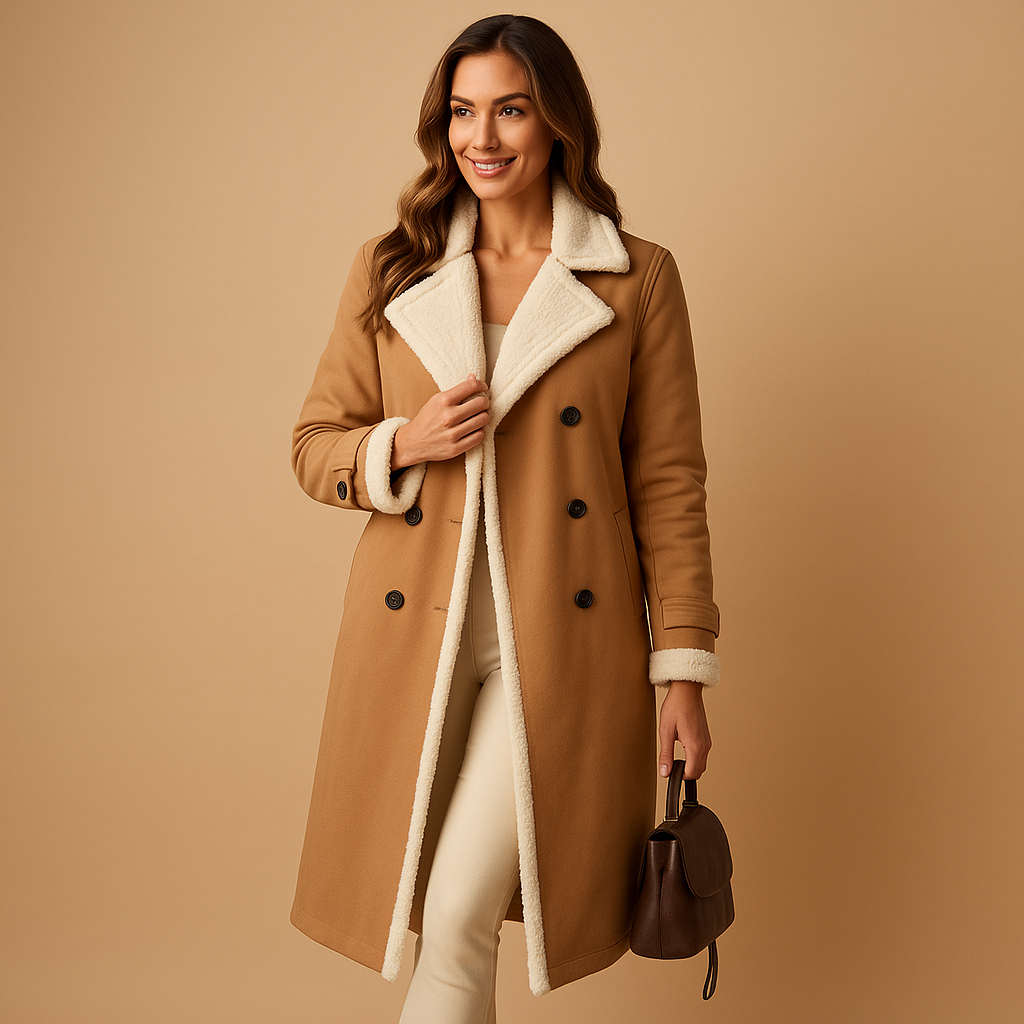 Women’s elegant wool-blend winter coat with classic lapel collar, long sleeves, and refined cold-weather styling.