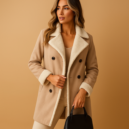 Women’s elegant wool-blend winter coat with classic lapel collar, long sleeves, and refined cold-weather styling.