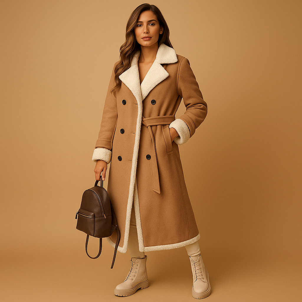 Women’s elegant wool-blend winter coat with classic lapel collar, long sleeves, and refined cold-weather styling.