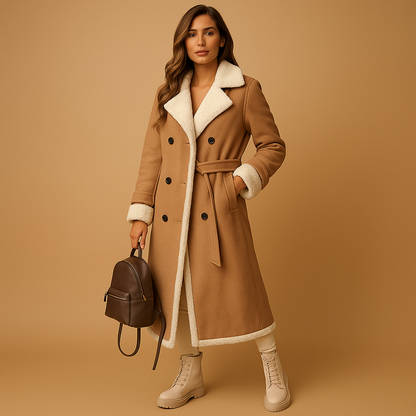 Women’s elegant wool-blend winter coat with classic lapel collar, long sleeves, and refined cold-weather styling.