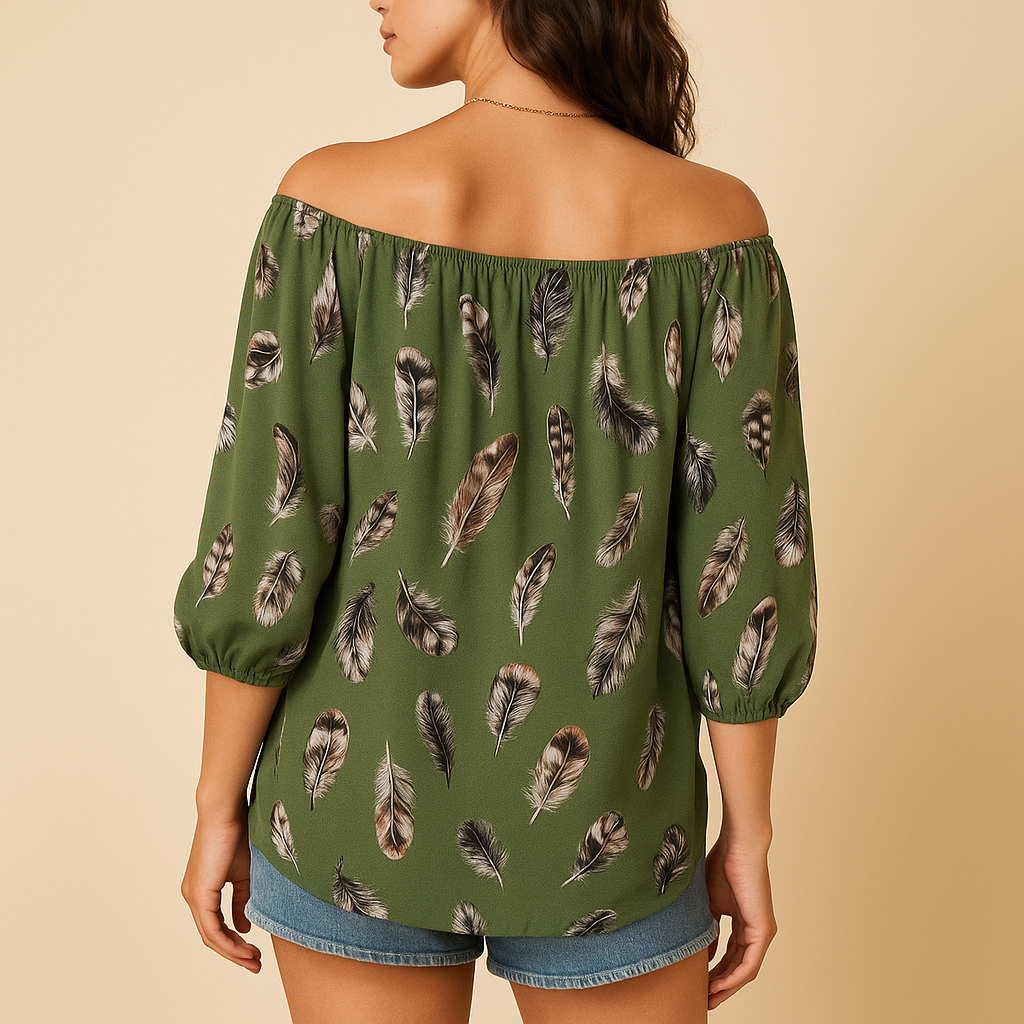 Women’s feather print V-neck blouse with a loose fit and breathable cotton blend, ideal for warm days and casual summer looks.