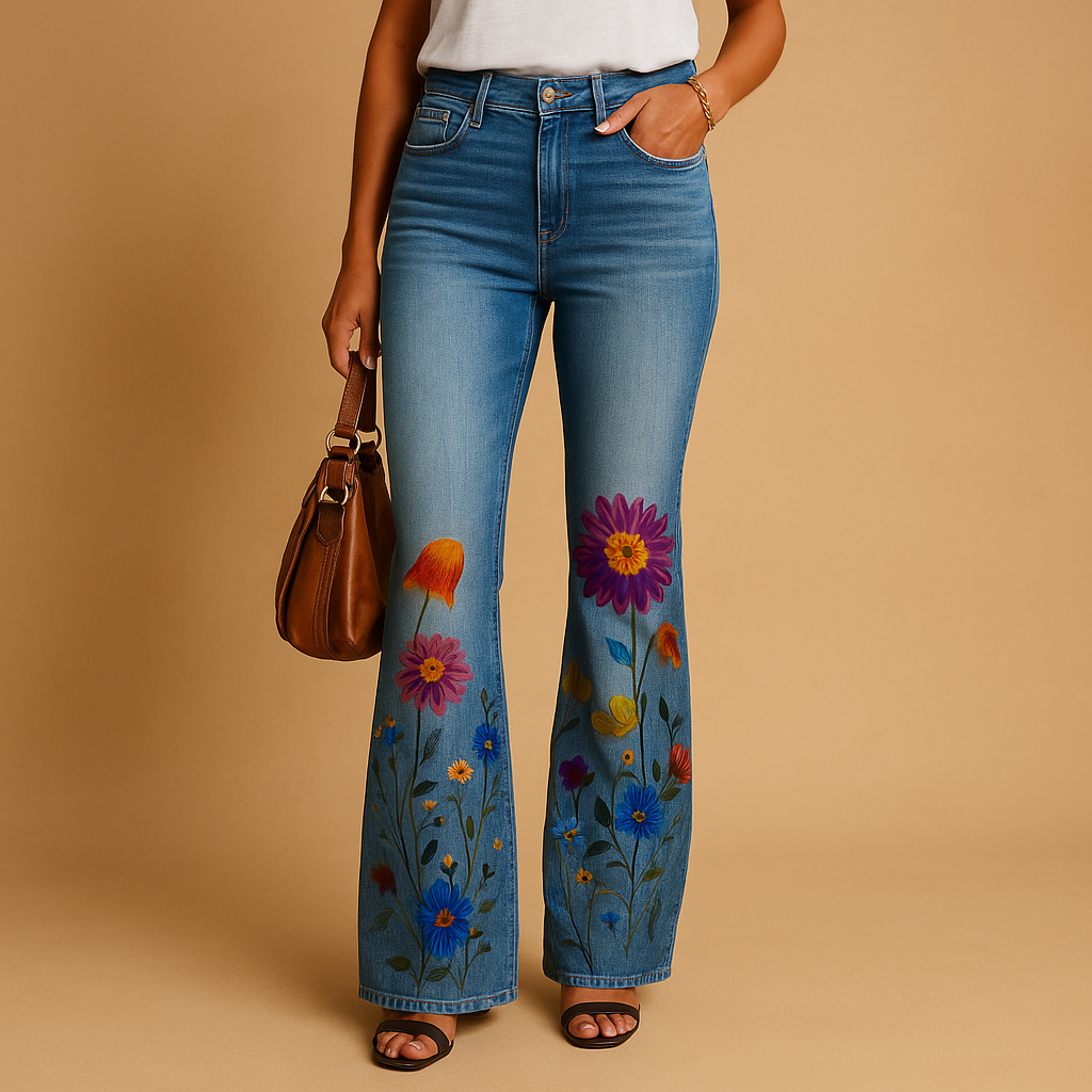 Flared printed jeans for women with floral and butterfly patterns and a relaxed fit, perfect for casual spring and summer outfits with a playful style.