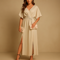 Flattering V-neck smart casual dress for women with an elegant tailored cut, suitable for everyday outfits and special occasions.