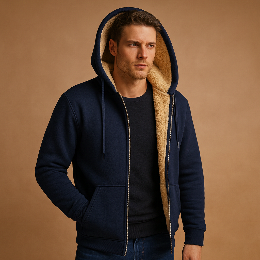 Men’s fleece sweater with fur lining, offering exceptional warmth and a timeless design for casual and semi-formal winter outfits.