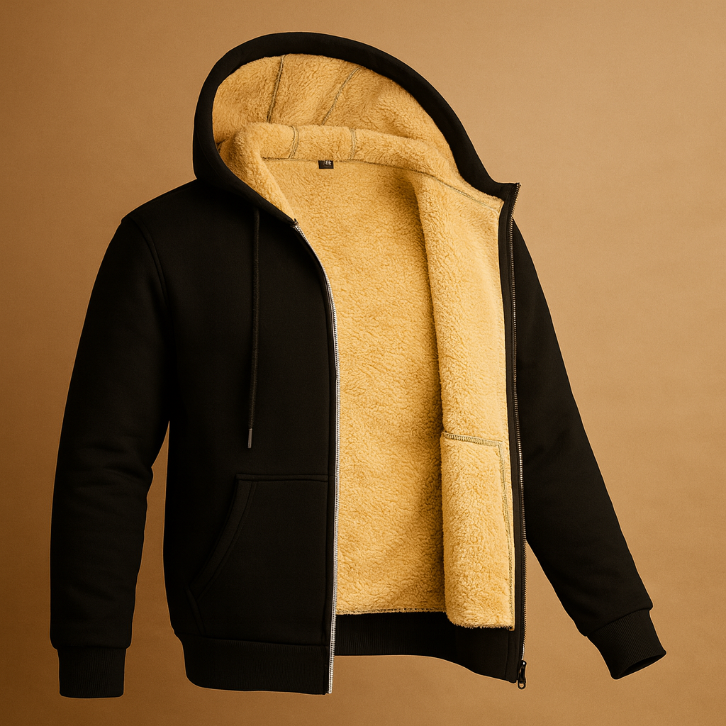 Men’s fleece sweater with fur lining, offering exceptional warmth and a timeless design for casual and semi-formal winter outfits.