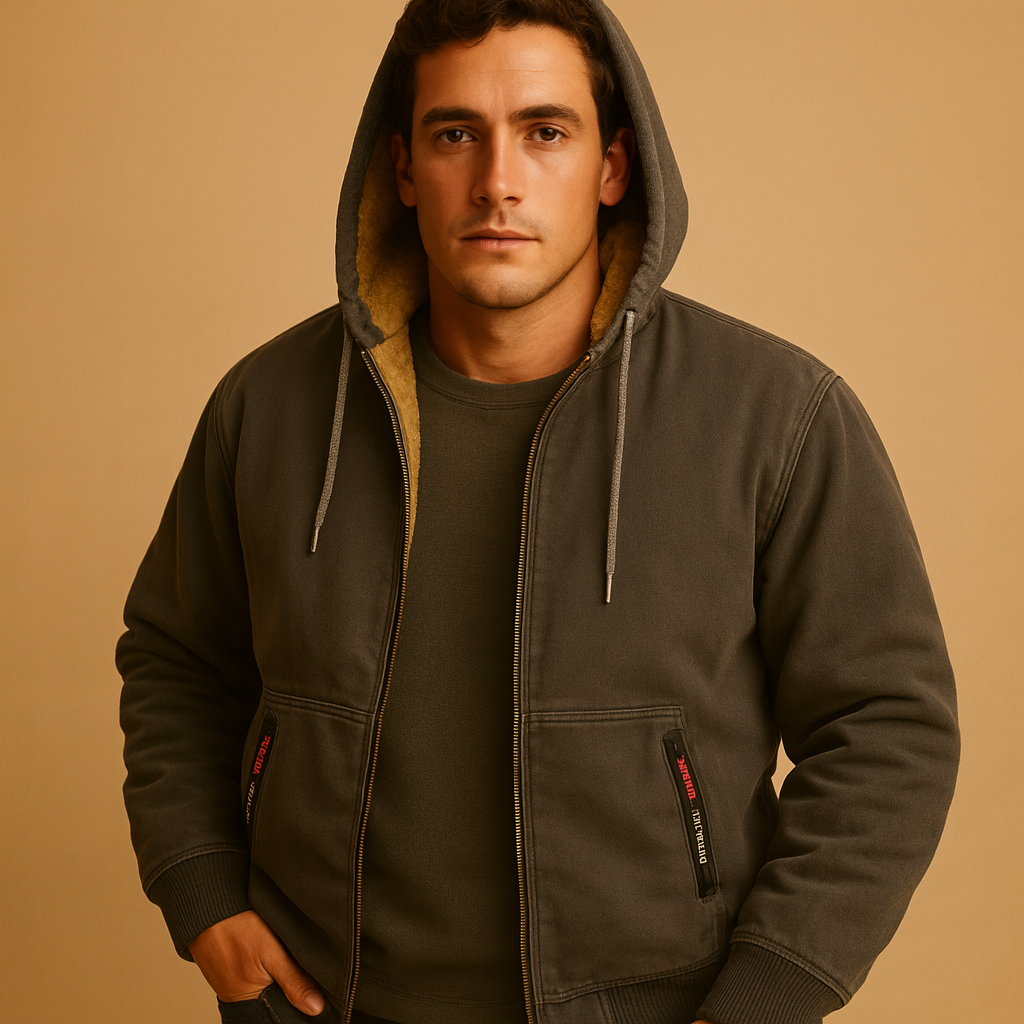 Men’s fleece sweater with fur lining, offering exceptional warmth and a timeless design for casual and semi-formal winter outfits.