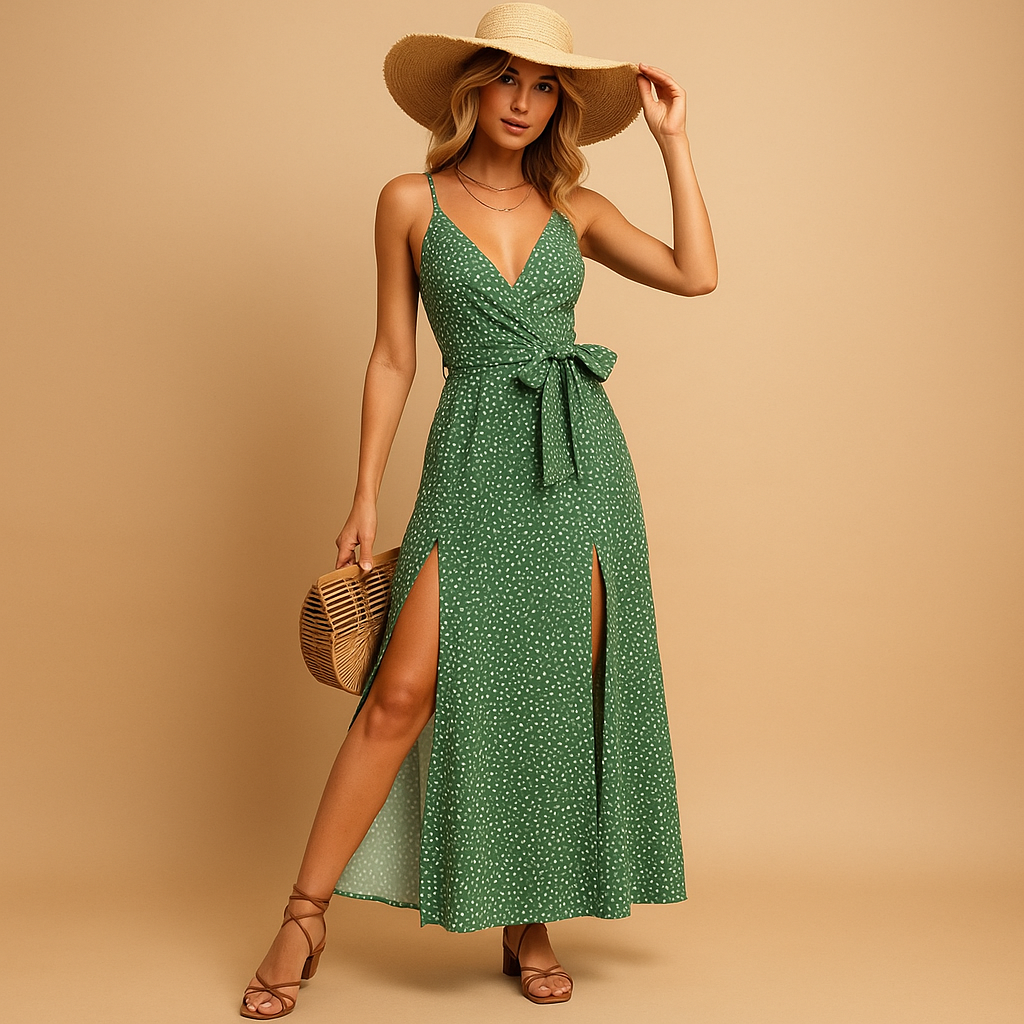 Floral beach maxi dress for women with V-neck and adjustable waist tie, ideal for summer vacations and seaside outings.