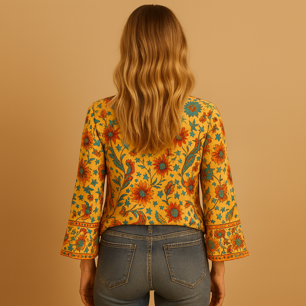Women’s floral boho blouse with flared sleeves and stand collar in orange, ideal for spring and summer outfits.