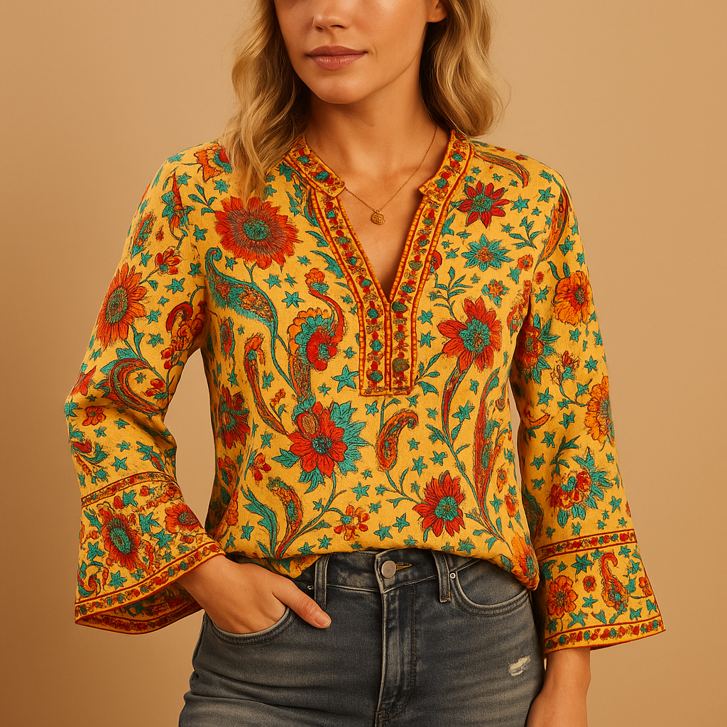 Women’s floral boho blouse with flared sleeves and stand collar in orange, ideal for spring and summer outfits.