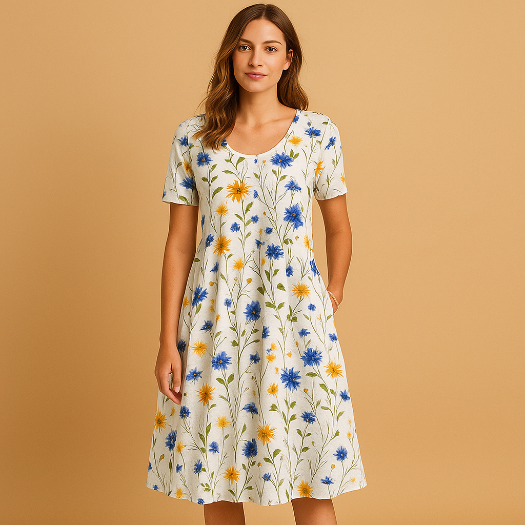 Floral cotton casual dress for women with soft breathable fabric and flattering fit, ideal for brunch, casual days, and summer outings.