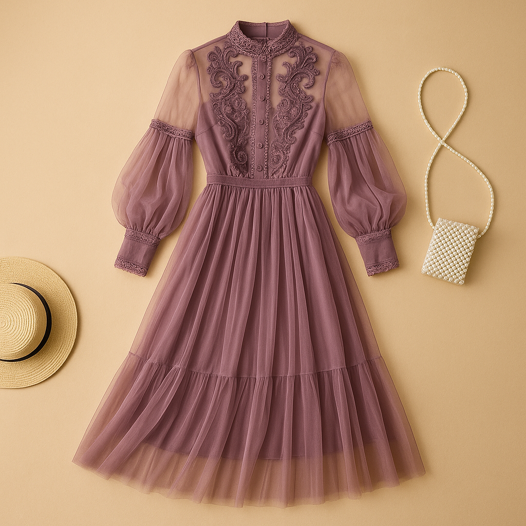 Floral high waist midi dress for women with stand collar and lantern sleeves, ideal for formal events and elegant daily wear.