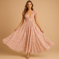 Women’s floral maxi dress with ruffle sleeves, deep V-neck and high slit, perfect for summer weddings, parties and evening events.