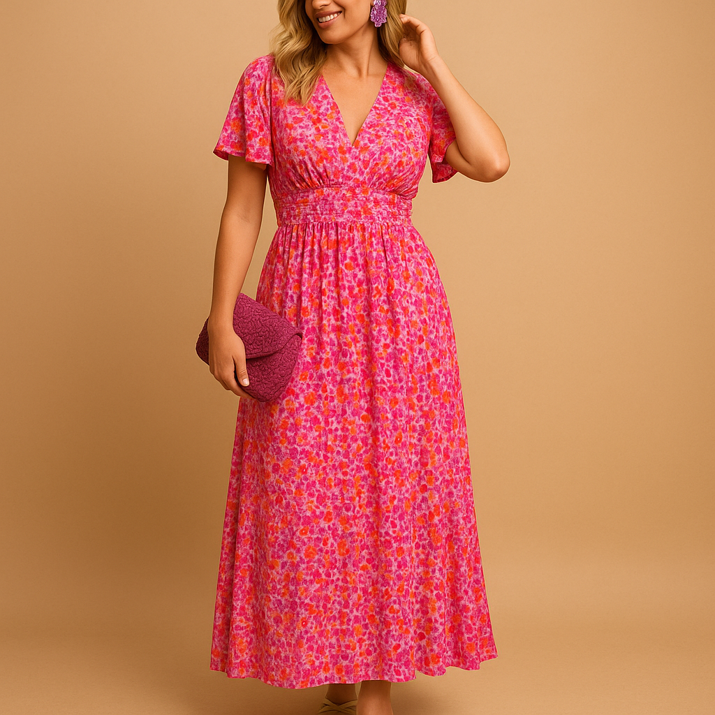 Women’s floral maxi summer dress with V-neck and flowing silhouette, ideal for holidays, warm evenings, and casual or chic summer styling.