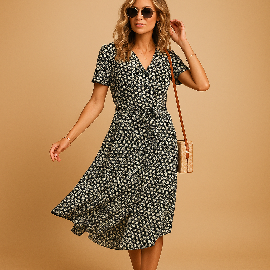 Women’s floral print midi dress with short sleeves and flattering fit, perfect for summer outings, casual wear, vacations, and stylish warm weather looks.