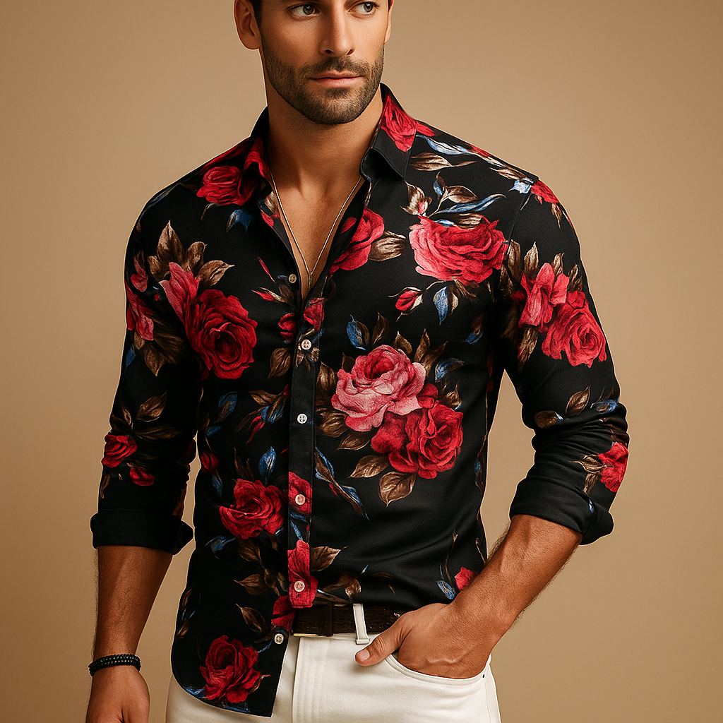 Floral print button-up shirt for men with a modern comfortable fit, ideal for casual outfits, parties, and stylish everyday wear.