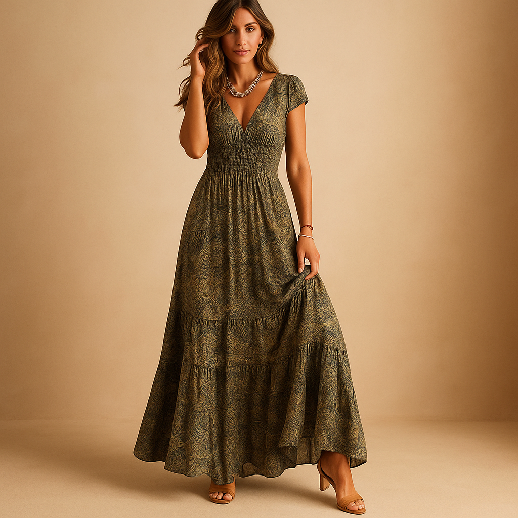 Women’s floral print maxi dress with ruffle collar and flattering waistline, perfect for parties, dinners, and elegant everyday occasions.