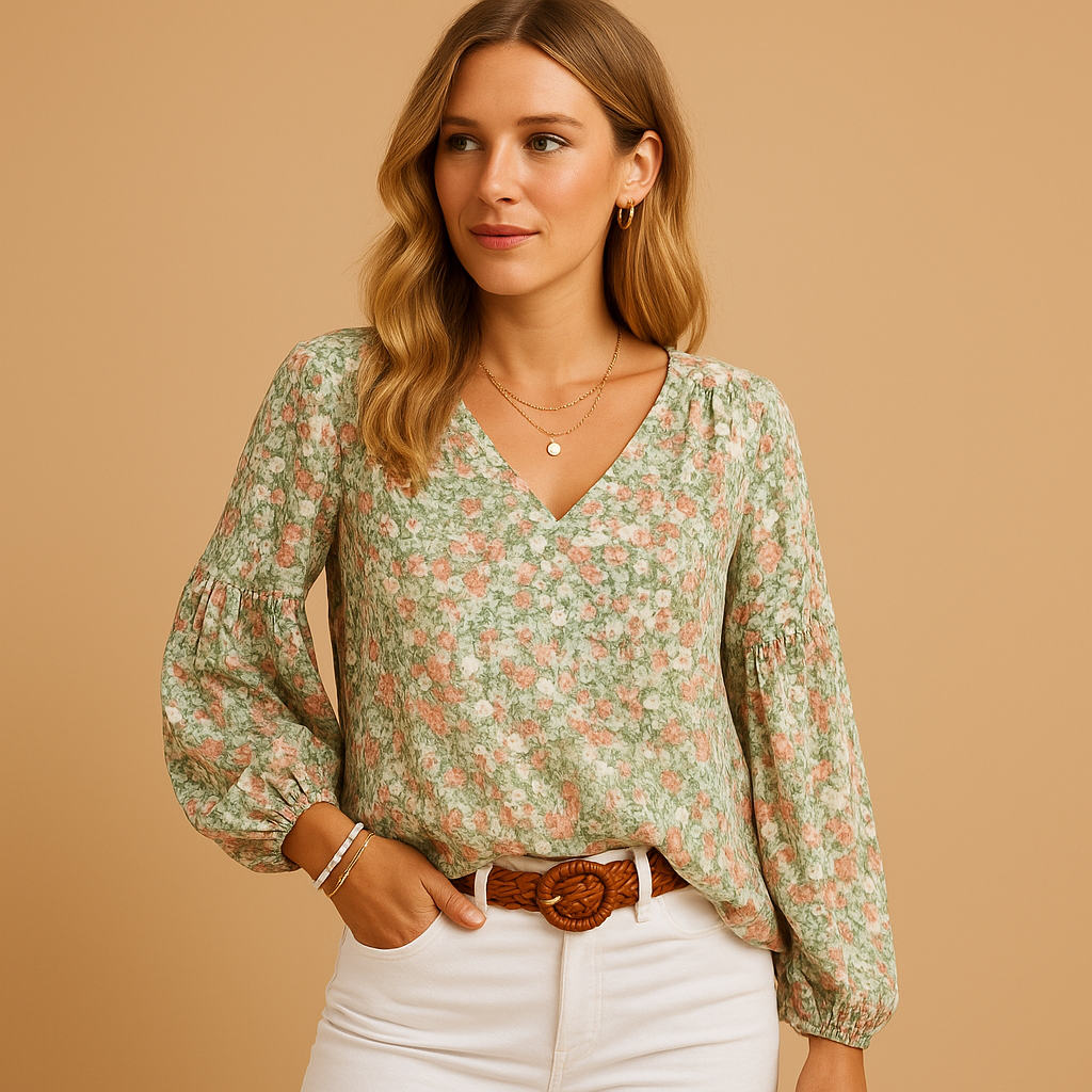 Women’s floral summer blouse with long sleeves, light fabric and a loose comfortable fit, ideal for warm days and casual or chic outfits.