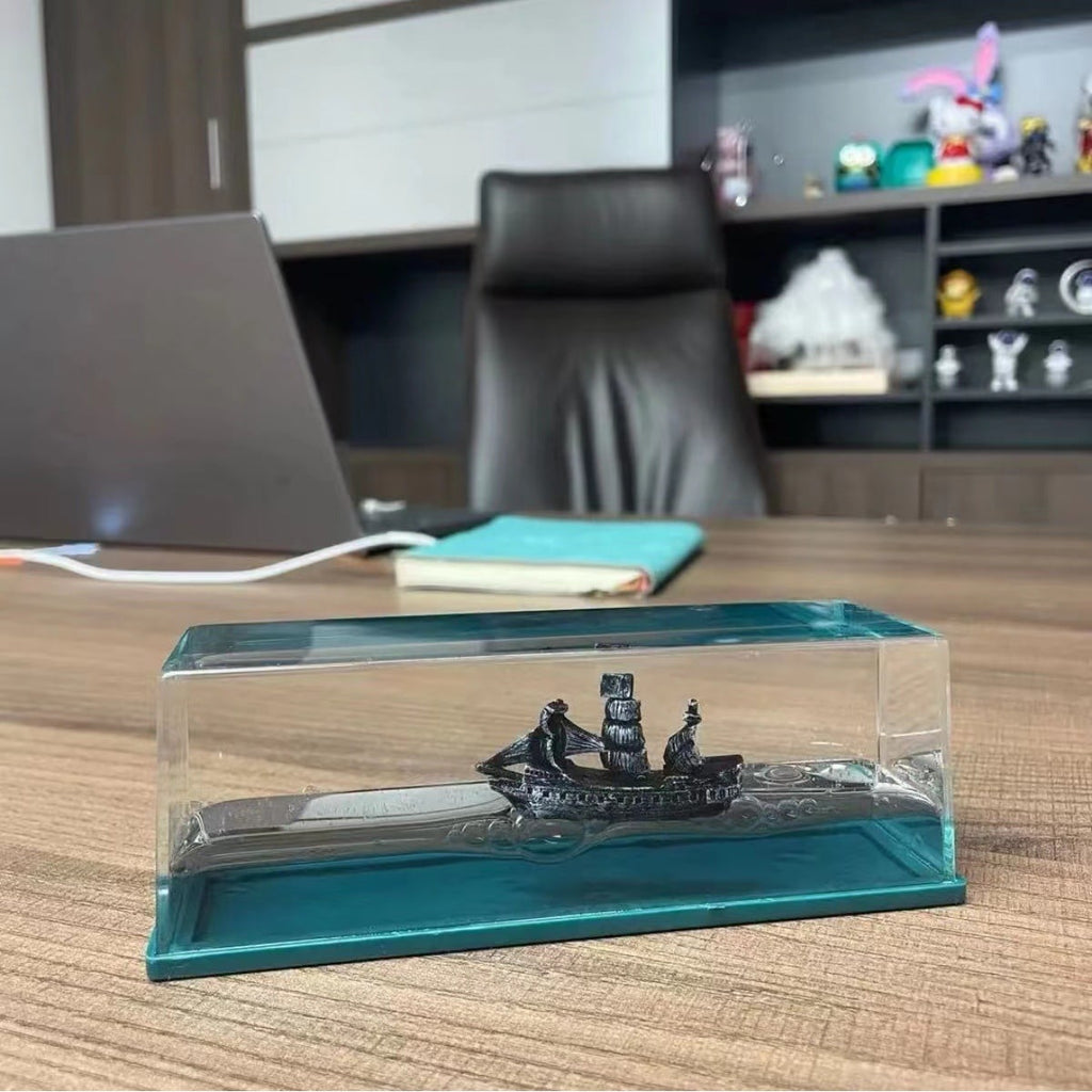Fluid Drift Bottle Desk Ornament with Floating Ship and LED Light Base - Image 2