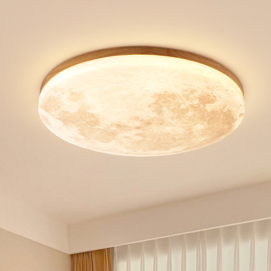 Flush Mount Ceiling Light with Moon Surface Design and Wooden Frame Round LED - Image 1