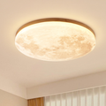 Flush Mount Ceiling Light with Moon Surface Design and Wooden Frame Round LED - Image 1