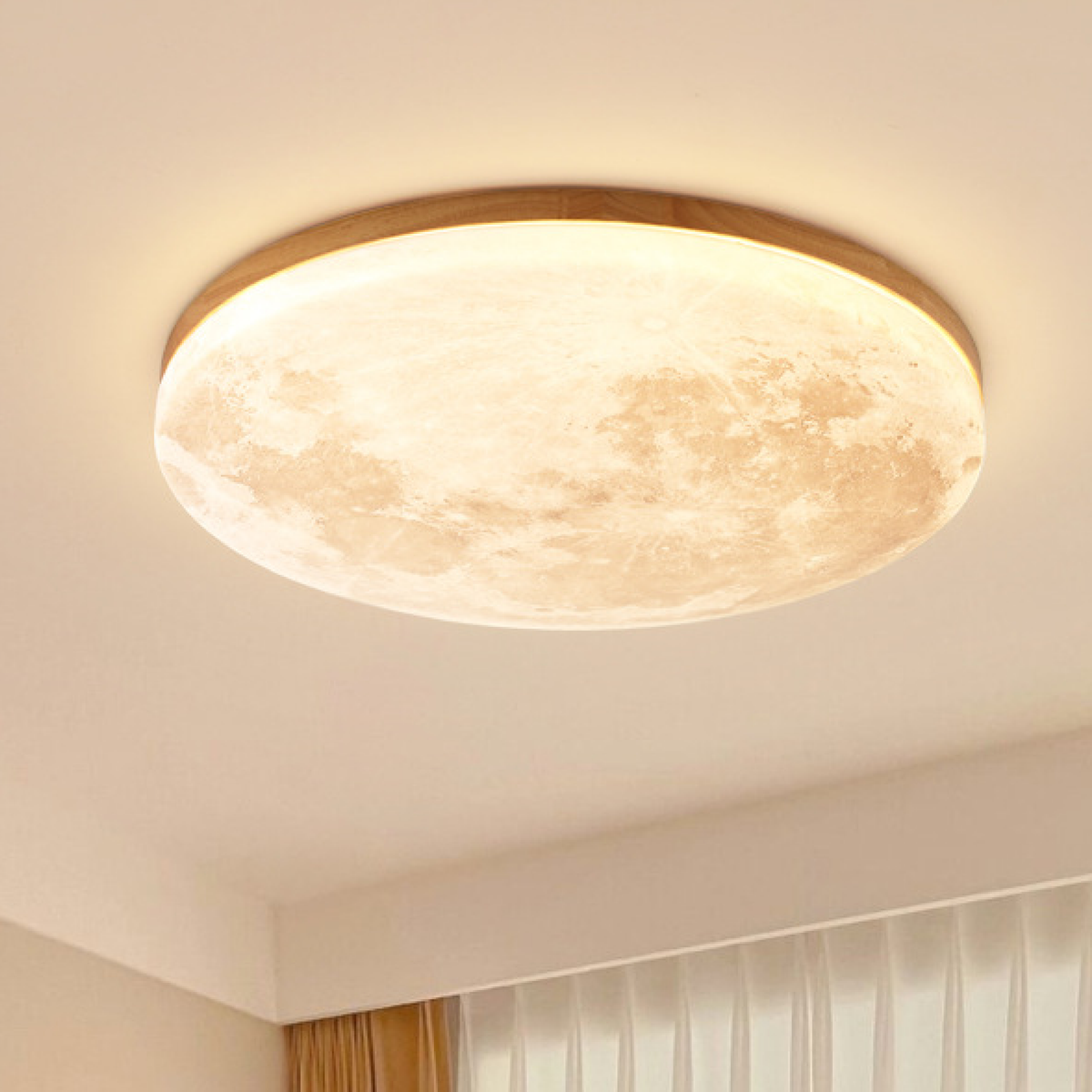 Flush Mount Ceiling Light with Moon Surface Design and Wooden Frame Round LED - Image 1
